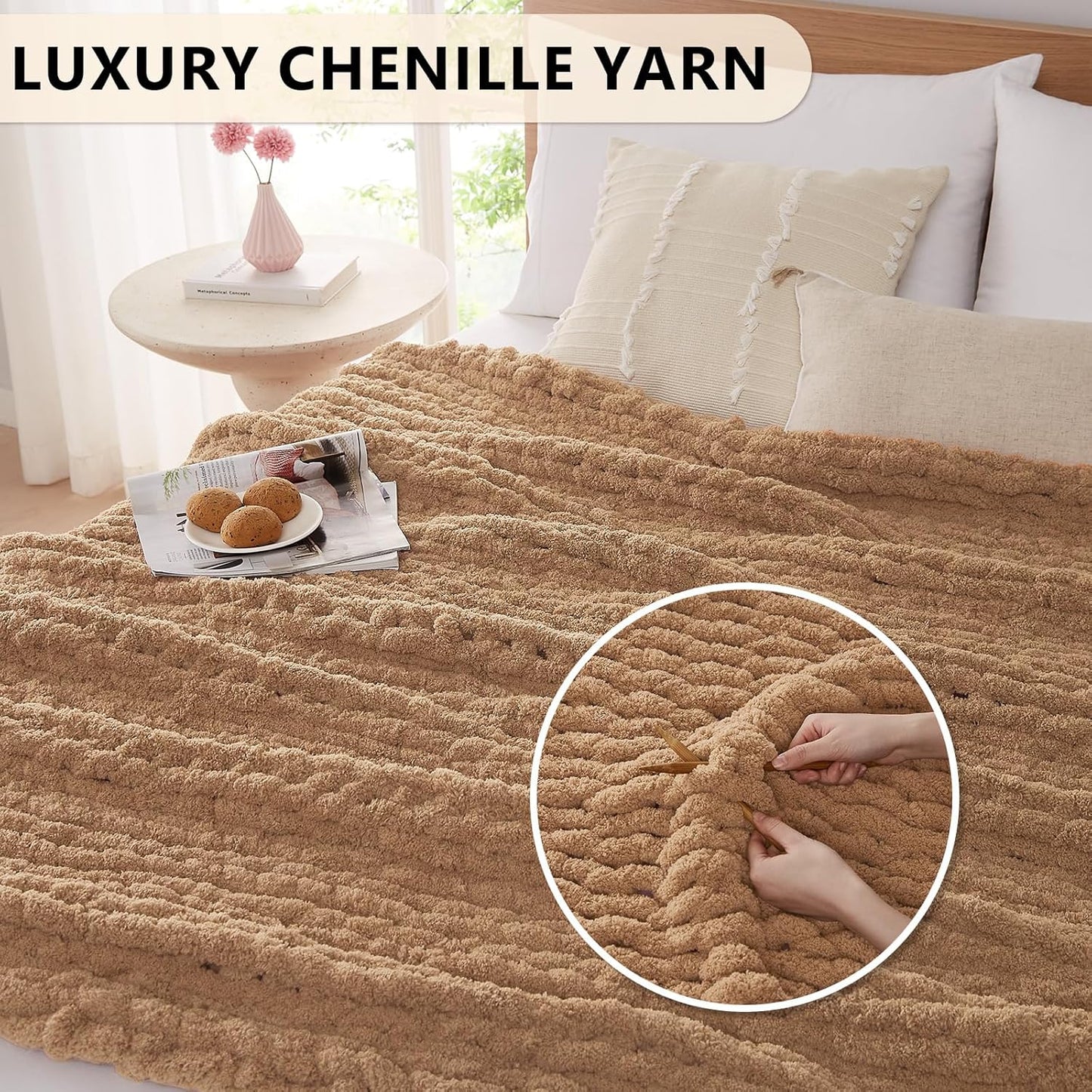L'AGRATY Chunky Knit Blanket Throw: 80''x90'' Chenille Chunky Knitted Throw Blankets for Bed Couch - Handmade Thick Big Cable Knit Blanket - Large Crochet Rope Blankets for Home Decor(Tan)