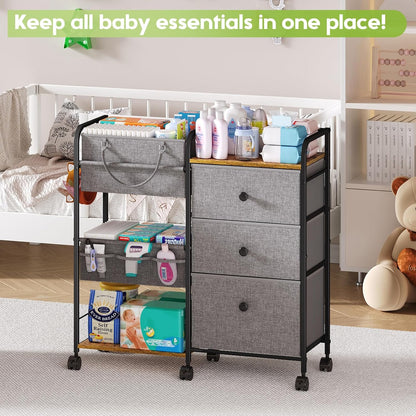 2In1 Baby Diaper Caddy Organizer and Storage, 3 Tier Rolling Cart with Dividers and Drawers, Mobile Utility Cart Baby Dresser Clothes Organizer for Changing Table, Crib Nursery, Bedroom, Grey