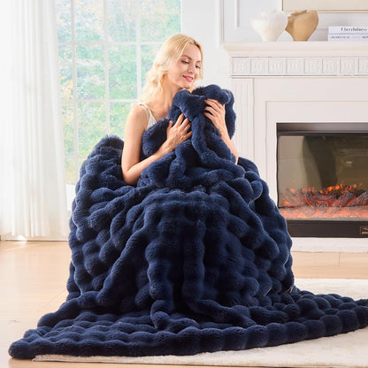 BENVWE Fluffy Faux Fur Throw Blanket for Couch, Soft Plush Thick Cozy Fuzzy Luxury Minky Bubble Blanket for Home Living Room Decor Gift for Women, Navy Blue, 51" x 63", 1100GSM