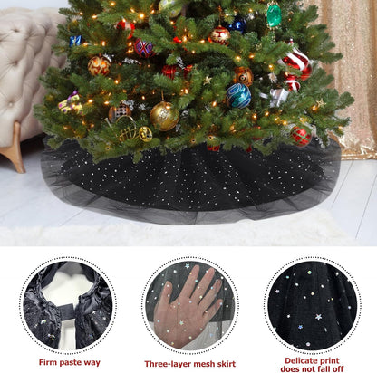 Christmas Wedding Tree Skirt,45 inch 4-Layer Fluffy Romantic Pleated Sparkly Halloween Skirt Decoration Xmas Tree Ornament for Holiday and Party(Black)