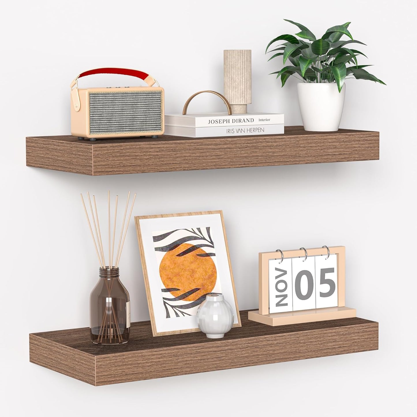 Fun Memories Floating Shelves - 16 Inch Wall Shelf for Decor & Storage - Wall Mounted Display Shelving with Invisible Heavy-Duty Metal Bracket 2Pack, Walnut