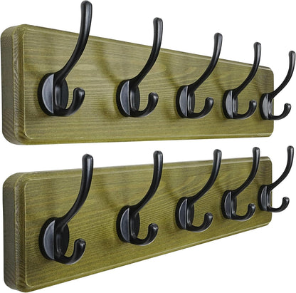 Dseap Coat Rack Wall: Patented, Heavy-Duty, 5-Double-Hooks Wooden Wall Mounted Coat Rack Coat Hanger Hook Rail for Winter Coats Hat Jacket Clothing, Weathered Green, Pack of 2