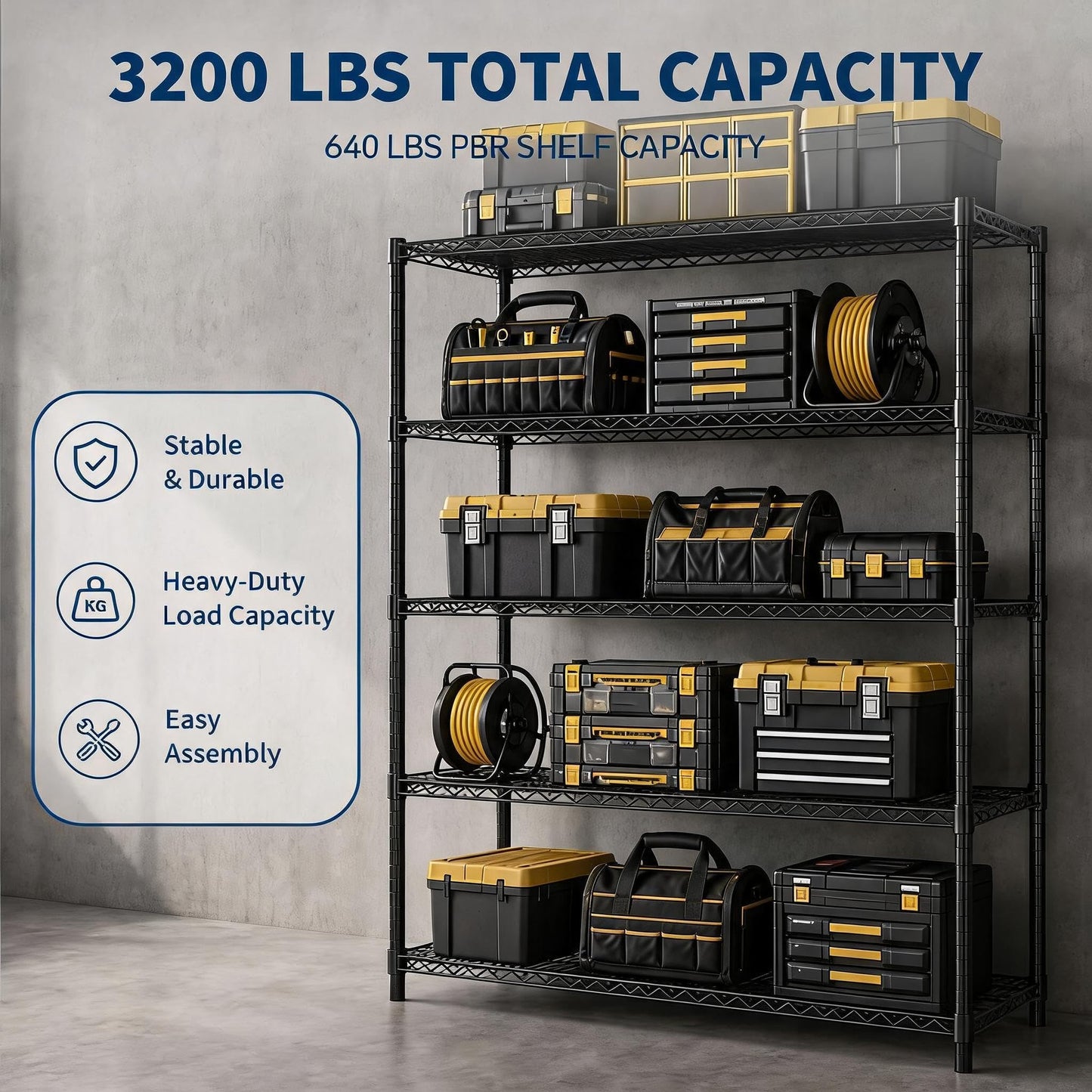 Garvee 5-Tier Wire Shelving 3200LBS Heavy Duty Storage Shelves Garage Rack