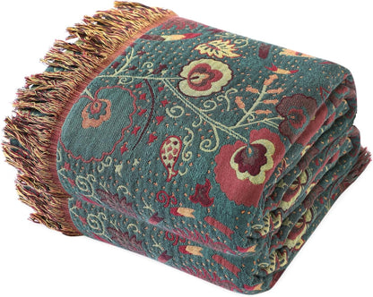 MSGKV Boho Throw Blanket for Couch and Sofa Cotton Blankets for Living Room Bedroom Reversable Florals Throw 60"x80" Breathable Cozy Blankets