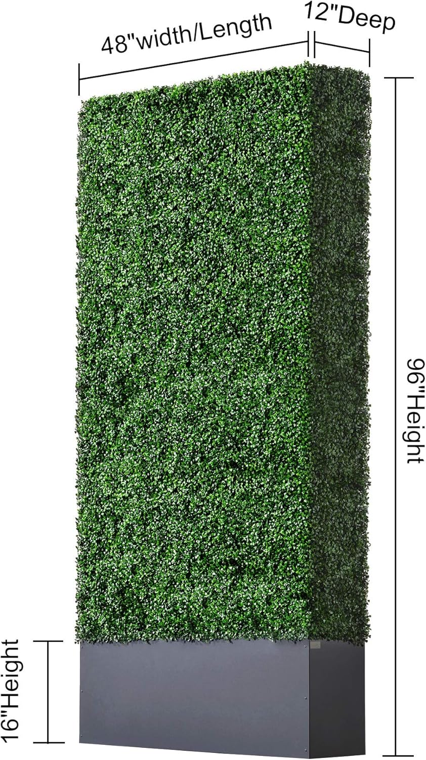 AGPL Upgraded Artificial Boxwood Hedge Wall with Dark Gray Stainless Steel Planter (96" Height 48" Width 12" Deep) Outdoor and Indoor Backdrop Divider Privacy Screen and Decorative Wall