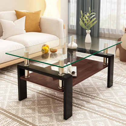 Tempered Glass Coffee Table Rectangle Living Room Center Table, with 39" Clear Top and Brown MDF Layer Black Metal Leg, for Small Space Apartment, Transparent+Brown