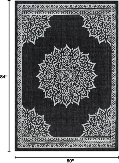CAMILSON Outdoor Rug, 5x7 Medallion Black White Modern Area Rugs for Indoor and Outdoor Patios, Kitchen and Hallway Mats, Washable Porch Deck Outside Carpet (Medallion Black, 5 x 7)