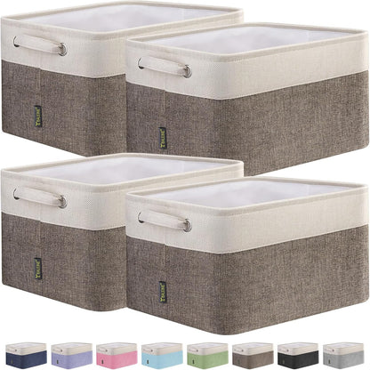 BALEINE 4 Pack Fabric Storage Bins for Shelves, Linen Storage Baskets for Organizing, Decorative Closet Bins for Clothes, Home (Brown, 15"x11"x9.5")