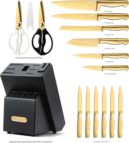 McCook® Knife Sets, Golden Titanium Stainless Steel Kitchen Knife Block Sets with Built-in Sharpener