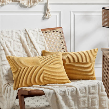 Fancy Homi 2 Packs Gold Yellow Lumbar Decorative Throw Pillow Covers 14x24 Inch for Couch Bed Sofa, Rustic Farmhouse Boho Spring Home Decor, Soft Striped Corduroy Rectangle Accent Cushion Case 35x60cm