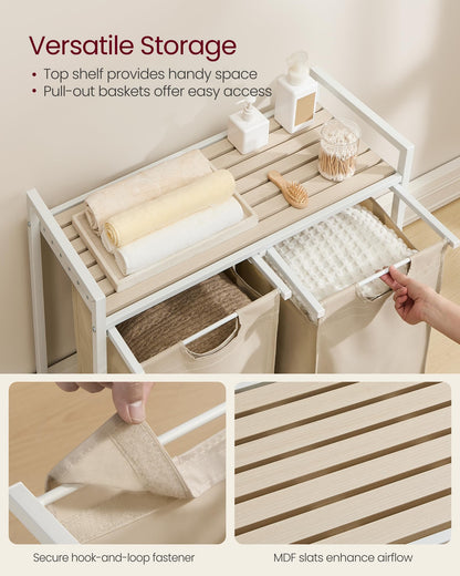 VASAGLE Laundry Hamper, Laundry Basket Sorter with 2 Pull-Out and Removable Bags, Shelf, Metal