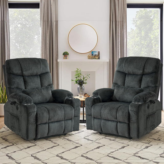 Oversized Dual Motor Lay Flat Power Lift Recliner Chair Set of 2 for Elderly with Massage and Heat, Textile Large Recliner Chair, Lift Chairs Recliner with Lumbar Pillow, Cup Holder, Grey