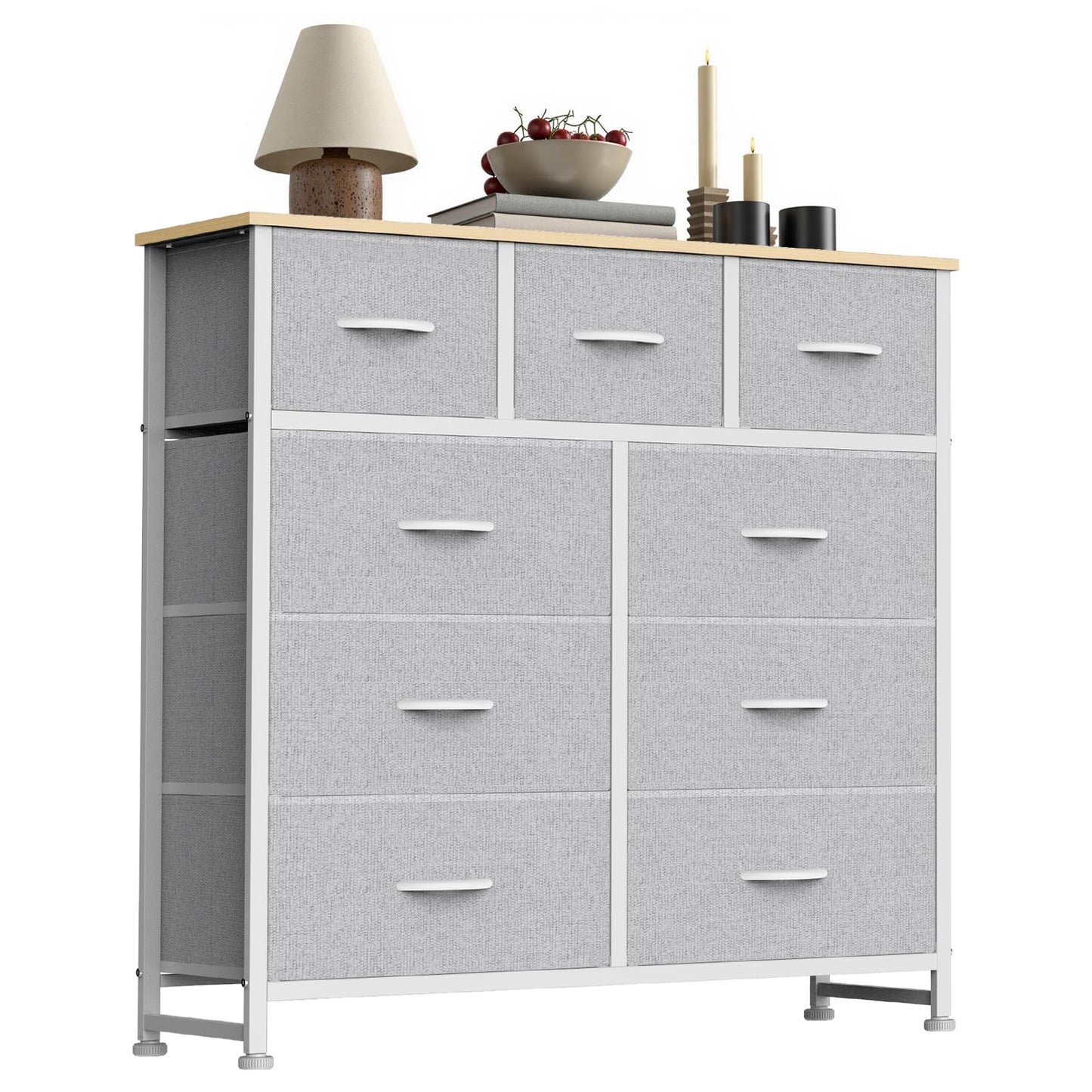 Sweetcrispy 9 Drawer Fabric Dresser Storage Tower Organizer, Light Grey