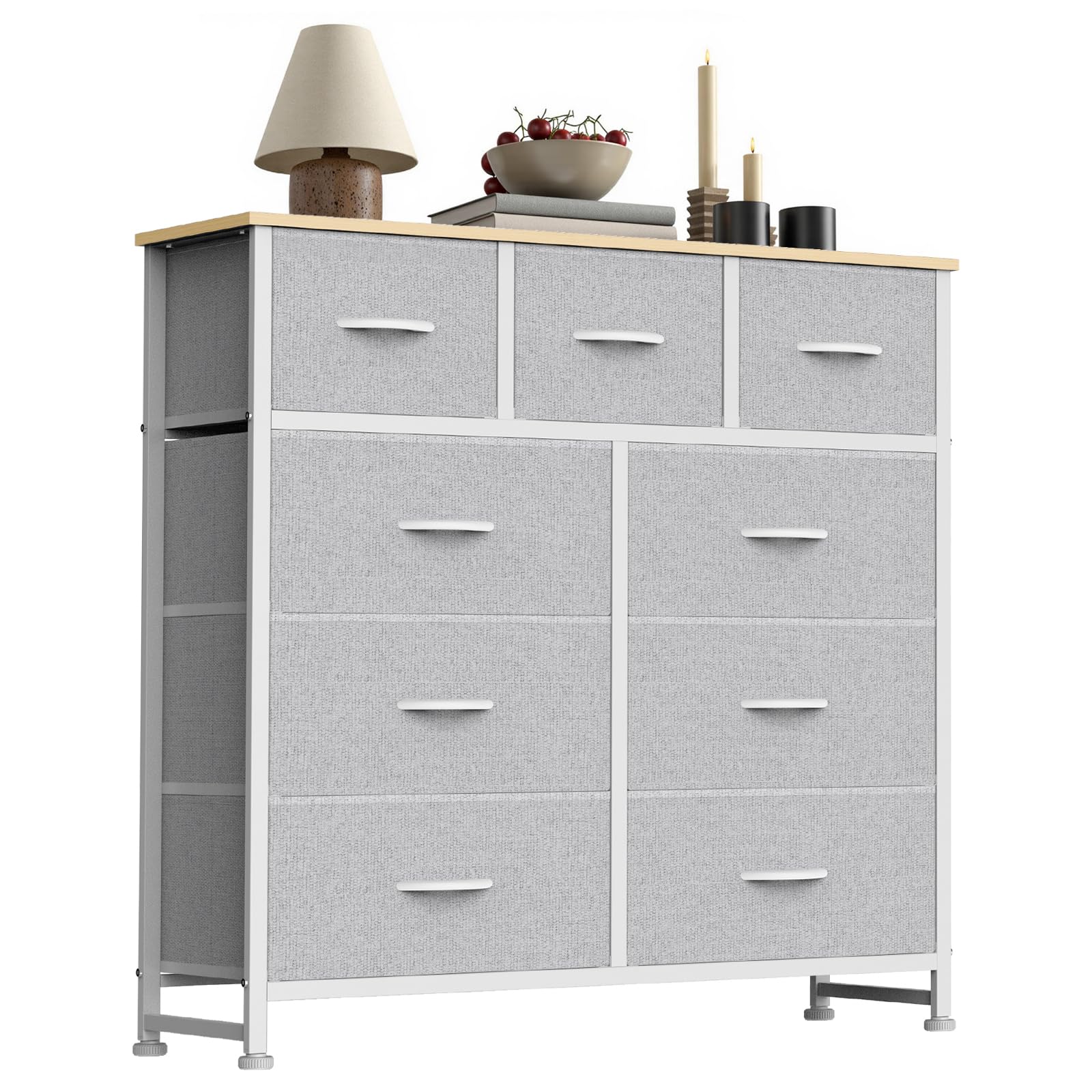 Sweetcrispy 9 Drawer Fabric Dresser Storage Tower Organizer, Light Grey