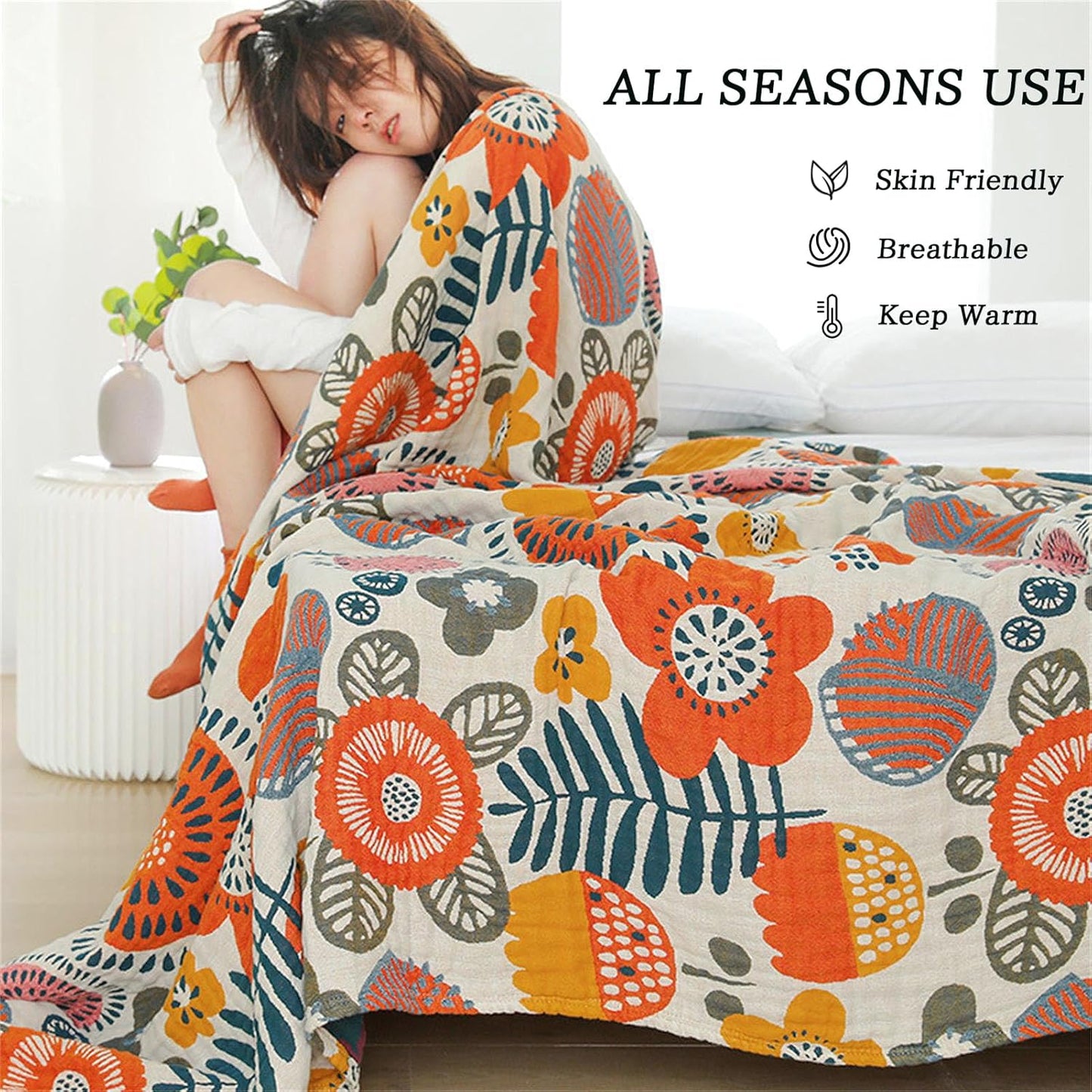 Cotton Throw Blanket for Couch Bed 100% Cotton Quilt 90''x 98'', Boho Floral Blanket Cozy Soft Muslin Farmhouse Bed Blanket Decorative Christmas Blankets Gifts for Women Mom