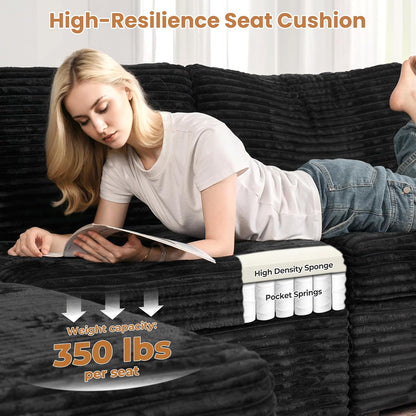 ovios Sectional Sofa Couch with U-Shape Chaise Sofa Bed, Comfy Modular Cloud Couches with Deep Seat, Modern Upholstered Plush Corduroy Sofas Set for Living Room, 6-Seater, Black