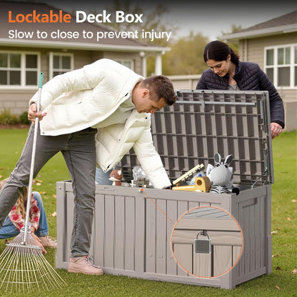 120 Gallon Outdoor Storage Box - Waterproof Resin Deck Box with Stainless Steel Rods - Lockable & UV Resistant Storage Bin for Patio Cushions & Garden Tools - Stylish Grey Design
