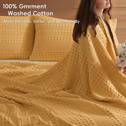 PHF 100% Cotton Waffle Weave Blanket Queen Size for Bed, Lightweight Washed Cotton Blanket - 90"x90" Aesthetic Soft Woven and Breathable Blanket for Sofa Home Decor - Ginger Yellow