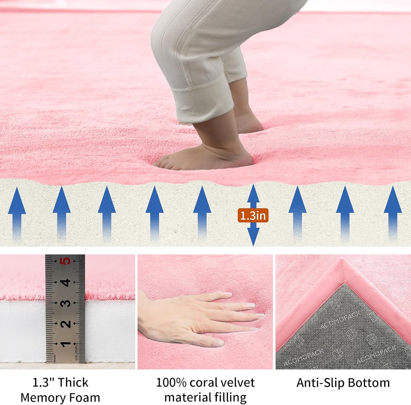 ACOMOPACK Baby Play Mat for Floor,1.3" Thick Memory Foam Area Rug for Living Room,Soft Velvet Crawling with Non-Slip Bottom for Kid,Toddler,71"×79" Tummy Time Nursery Rugs,Yoga（Pink）