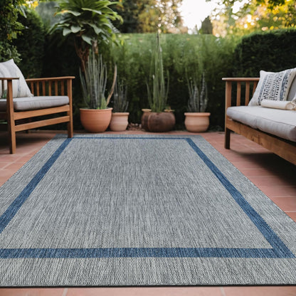 Bordered Outdoor Rug 9x12 Washable Outside Carpet for Indoor Patio Porch Waterproof Easy Cleaning Non Shedding Area Rugs Silver Gray - Blue 9 x 12