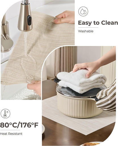 Leetaltree Beige White Placemats Set of 6 - Heat Resistant Non-Slip Place mats for Dining Table, Washable Durable PVC Vinyl Woven Table Mats（Beige White, 6）
