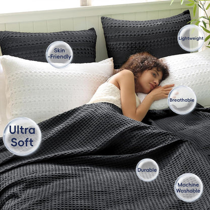 PHF Ultra Soft Waffle Weave Blanket Twin Size 66"x 90"- Washed Lightweight Breathablee Cozy Woven Blanket - Great for Couch Bed Sofa Home Car - Black