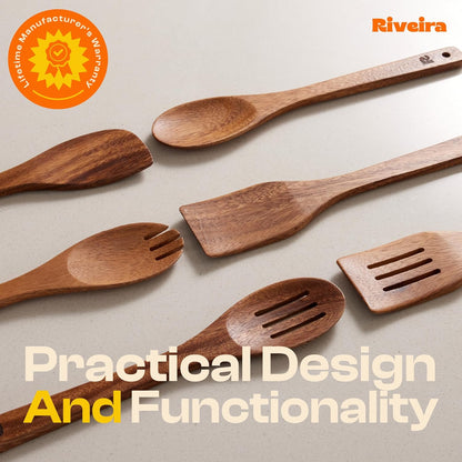 Riveira Walnut Wooden Spoons for Cooking Set of 6 – Natural Walnut Wooden Cooking Utensils, Spatula, Spoon - Premium Quality Utensil Set for Non-Toxic Cooking