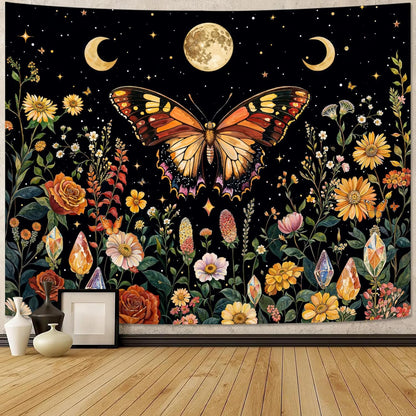 Lunerfex Boho Butterfly Tapestry Flower Moon Wall Tapestry, Moon Phases Tapestries for Bedroom Cute Tapestries Wall Hanging for Bedroom Living Room Decor Butterfly-2 70"x90"