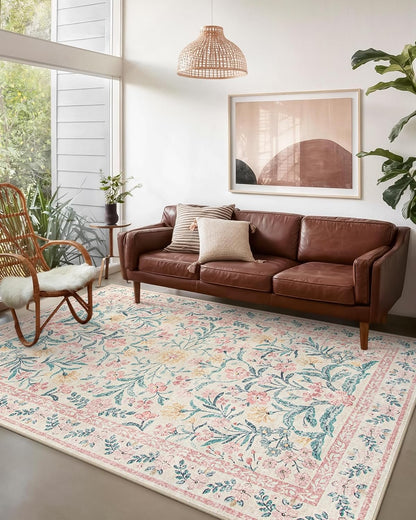 Wonnitar Machine Washable 5x7 Nursery Rug, Pink Rugs for Bedroom Girls, Boho Soft Floral Carpet Non Slip, Indoor Ultra-Thin Floor Carpet for Kid Room Living Room Dorm