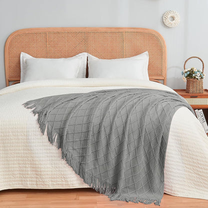 inhand Knitted Throw Blankets for Couch and Bed, Soft Cozy Knit Blanket with Tassel, Light Grey Lightweight Decorative Blankets and Throws, Farmhouse Warm Woven Blanket for Men and Women, 50"x60"