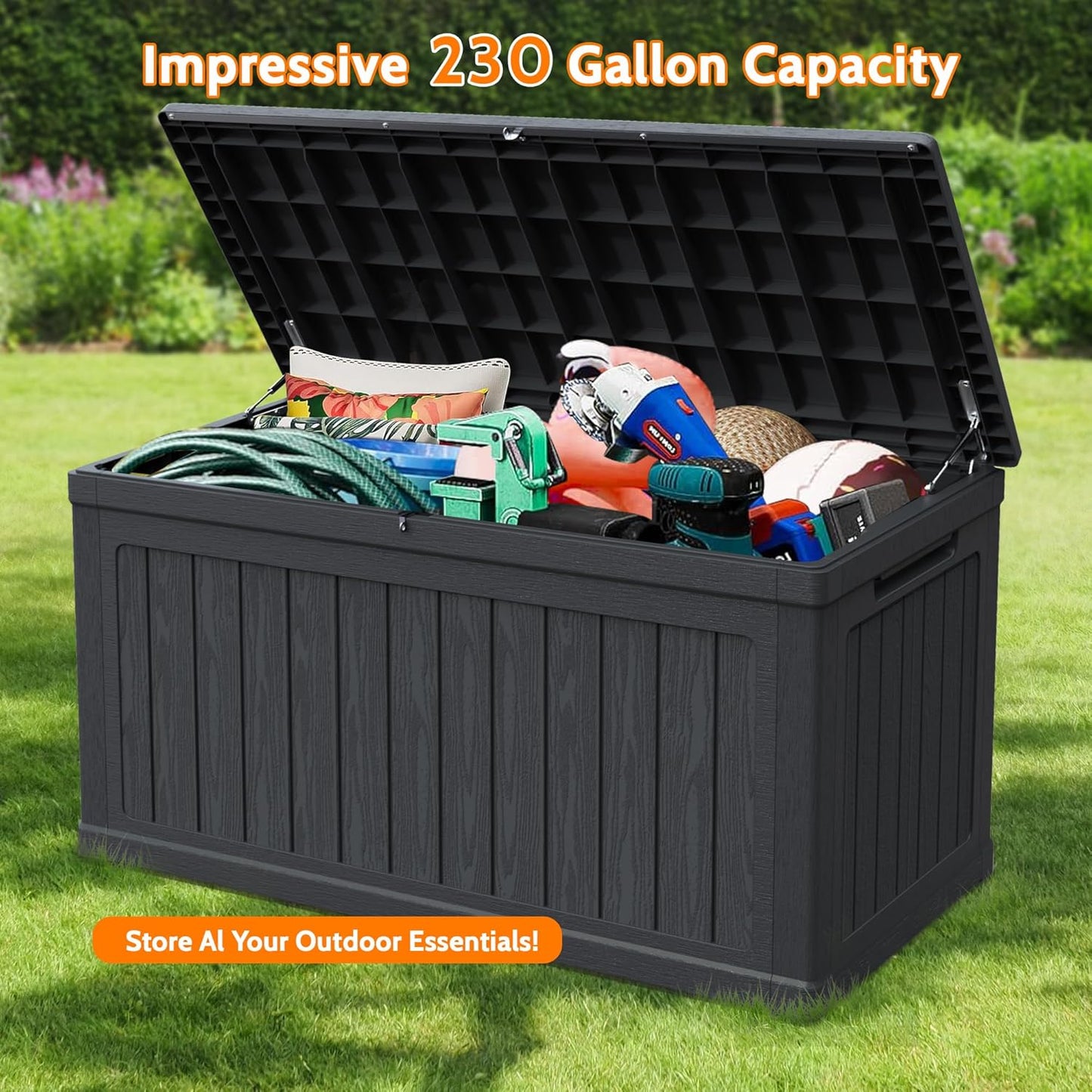 260 Gallon Double-Wall Resin Deck Box - Lockable Waterproof Outdoor Storage Box, 1000lbs Capacity & Doubles as Seating for Patio Furniture - Garden Tools, Pool Accessories (Black)