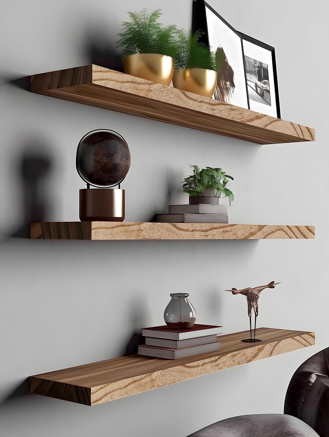 Wood Floating Shelves for Wall, Rustic Wall Shelves for Bedroom, Wall Mounted Floating Shelf, Set of 4 Light Walnut 36 Inch