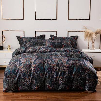 ABREEZE Luxury Vintage Black Duvet Cover Sets Damask Paisley Bedding Set Retro 100% Brushed Cotton Zipper Closure Bedding Collection Full Size