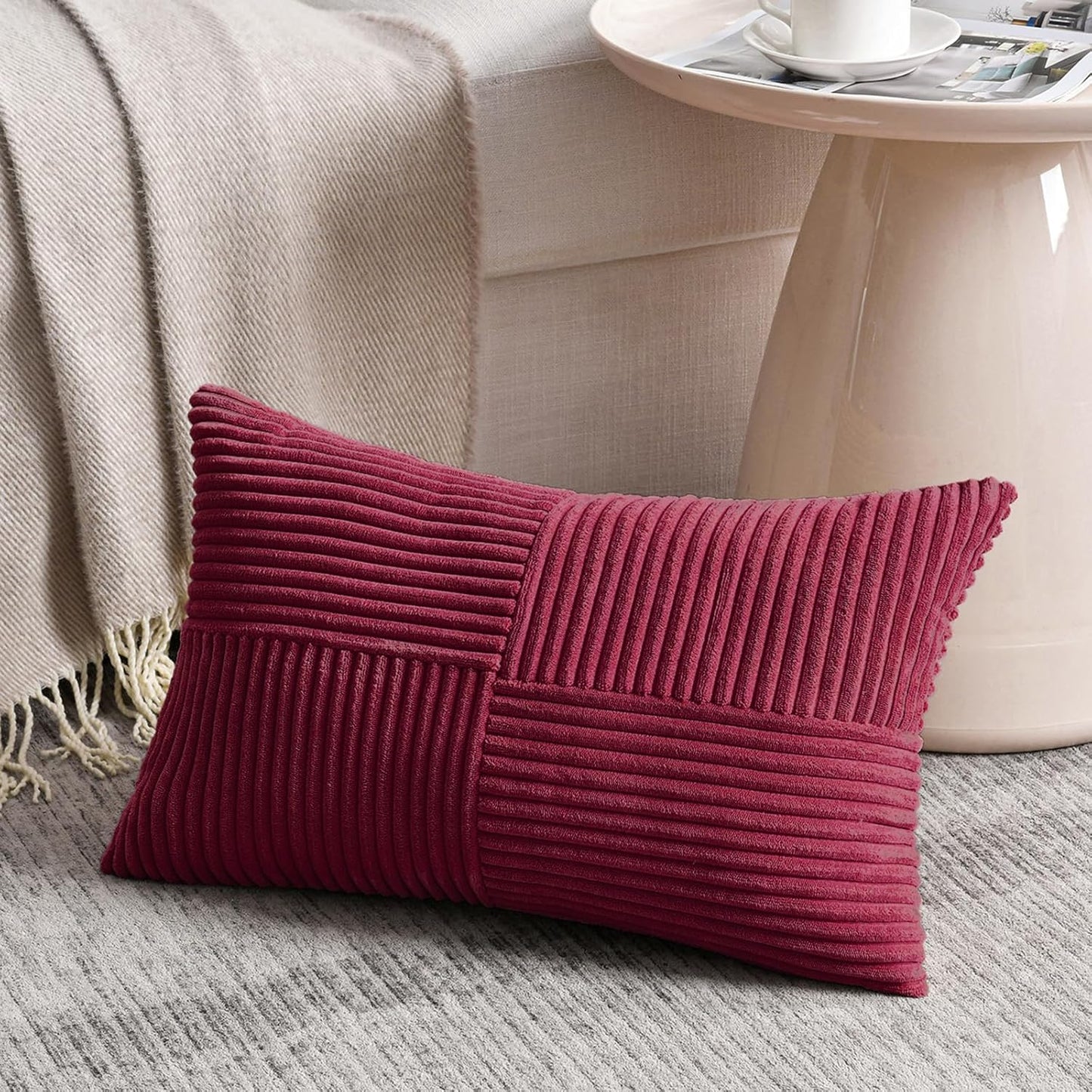 Fancy Homi 2 Packs Burgundy Long Lumbar Decorative Throw Pillow Covers 16x24 Inch for Couch Bed Sofa, Rustic Farmhouse Boho Home Decor, Soft Striped Corduroy Rectangle Accent Cushion Case 40x60 cm
