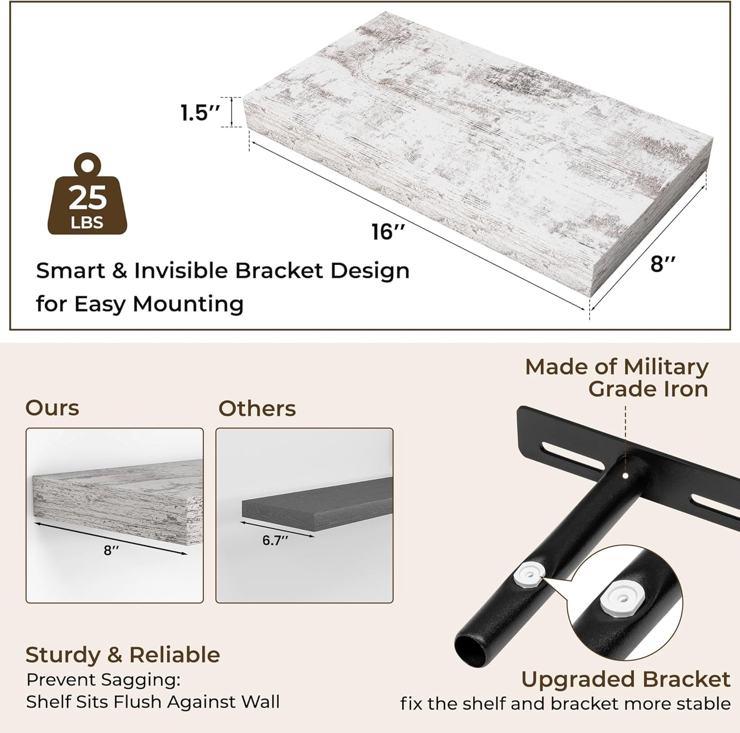 RICHFOCUS 16Inch Floating Shelves for Wall 2 Pack Shelves for Bedroom|Kitchen|Bathroom Wall Mounted Rustic Distressed Wood Floating Shelf with Invisible Brackets for Books|Storage|Decor, Rustic