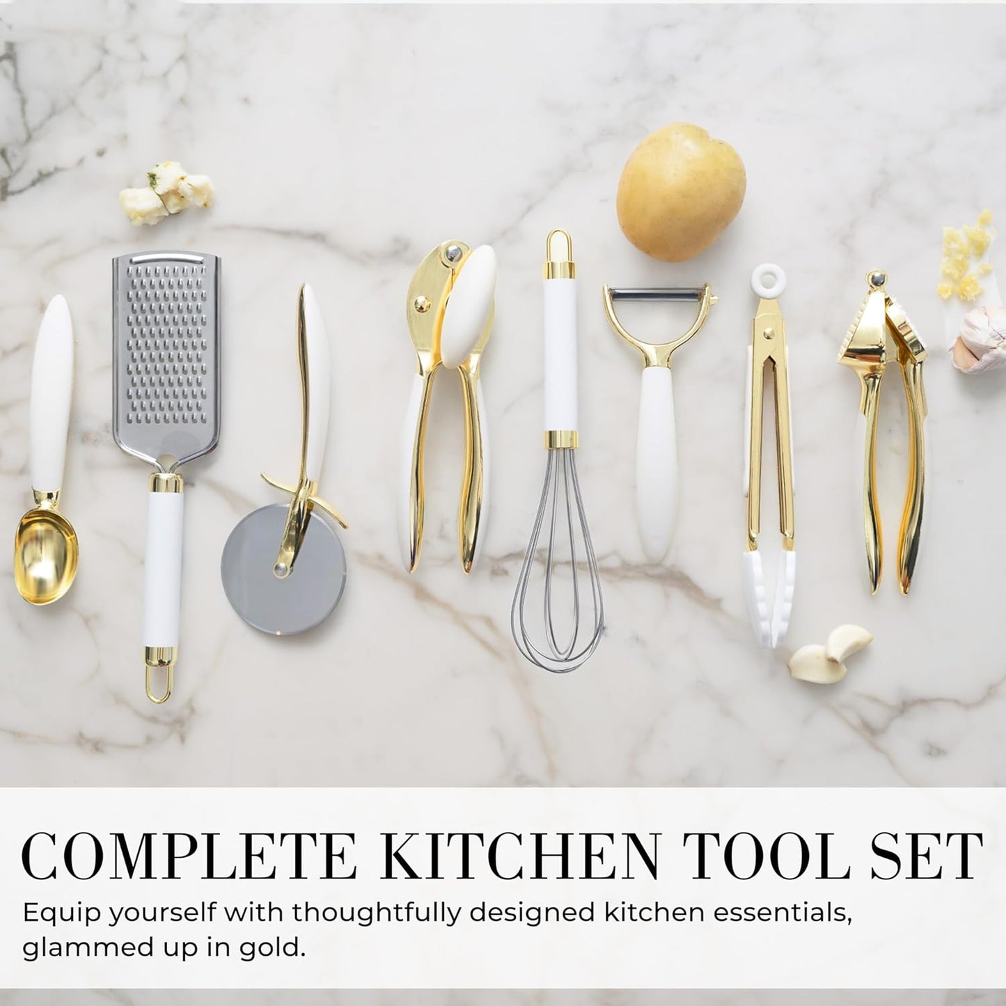 Styled Settings White and Gold Kitchen Utensils Set – 16-Piece Silicone Cooking Utensils with Measuring Cups and Spoons