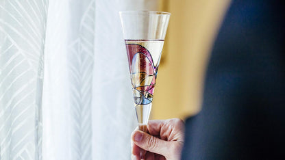 Victoria Barcelona Champagne Flute - 7.5 Oz Mouth-Blown Hand Painted, Antoni Gaudi & Murano Inspired Artistic Unique Gift Ideas Anniversary, Birthday, Weddings, Women & Men (2, Sagrada Red)