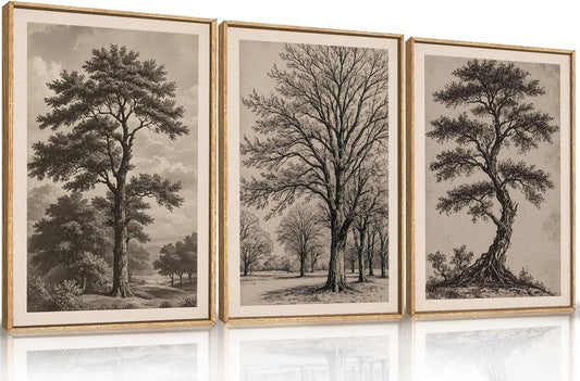 HPINUB Vintage Sketch Tree Framed Canvas Wall Art Set,Modern Nature Botanical Wall Decor, Antique Wilderness Tree Artwork,Minimalist Neutral Art Prints for Living Room,Bedroom,Farmhouse-24 x36 x3