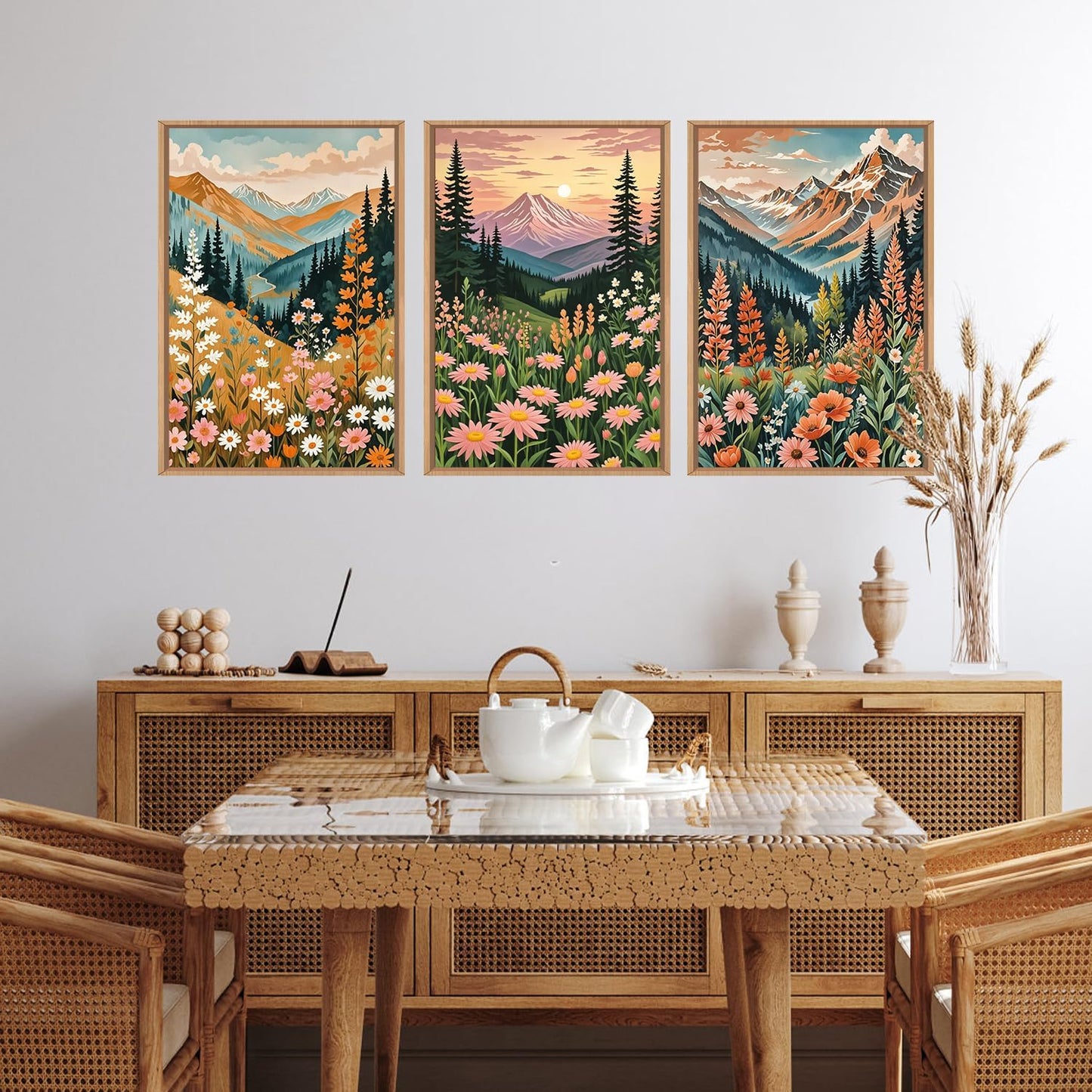 HPINUB Mountain Sunset Floral Framed Canvas Wall Art Set,Colorful Wildflower Daisy Flower Wall Decor,Boho Blossom Botanical Artwork Modern Nature Landscape Art Print for Living Room,Bedroom-24 x36 x3