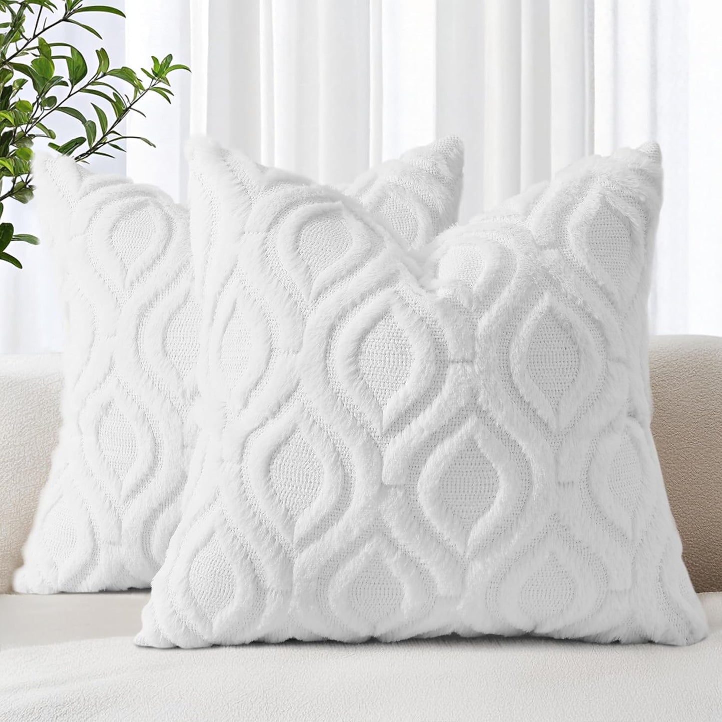 decorUhome Fall Throw Pillow Covers 18x18 Inch Set of 2, Soft Plush Decorative Faux Fur White Solid Couch Pillow Covers, Accent Farmhouse Neutral Square Euro Pillow Cases for Sofa Bed Living Room