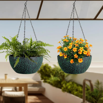 10 inch Hanging Planters for Indoor Outdoor Plants, 2 Pack Hanging Flower Pots with Drainage Holes and Chain for Garden, Plastic Hanging Baskets for House Plants, Black with Green Speckles
