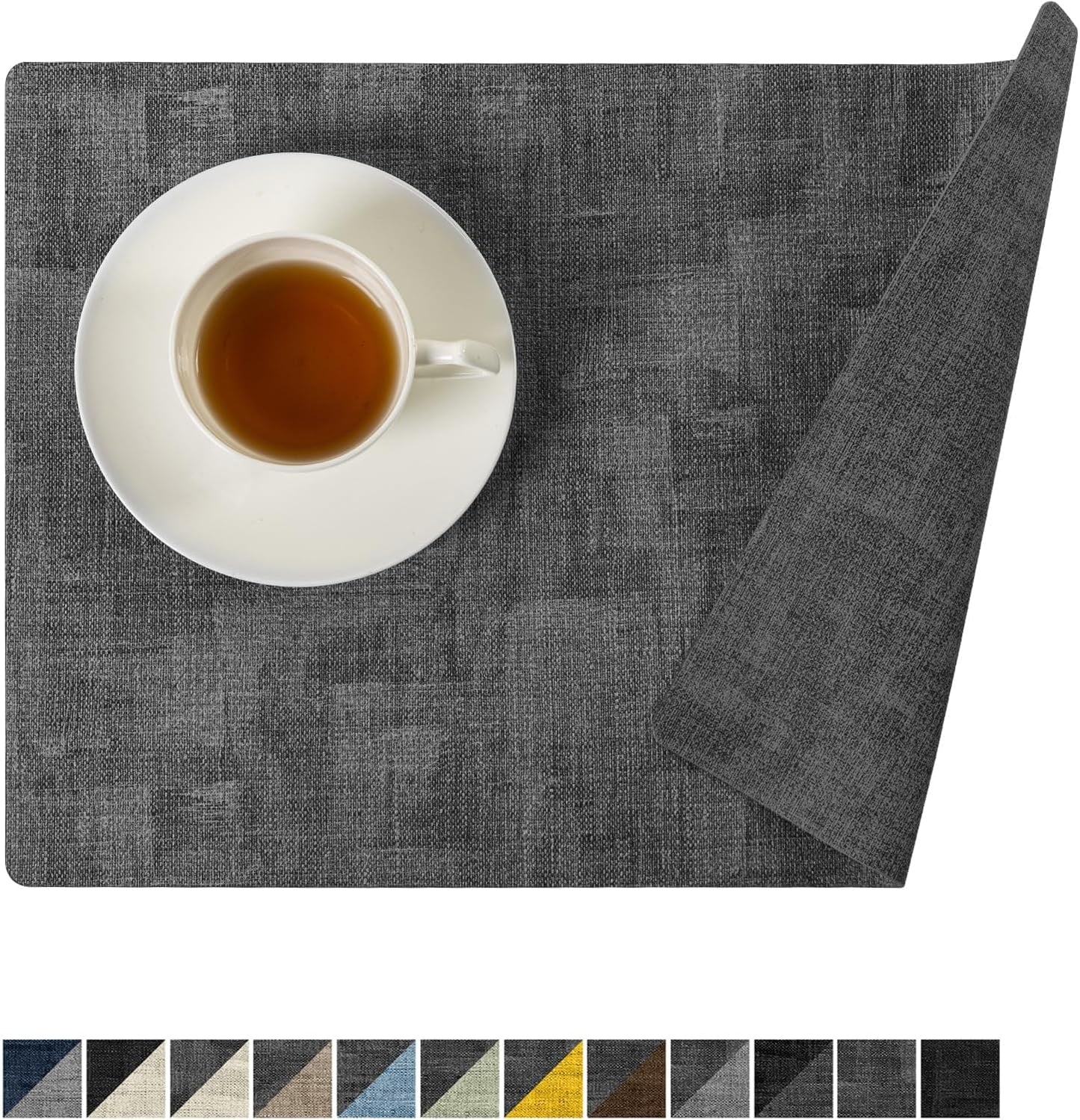 Romanstile Reversible Vinyl Placemats Set of 6, Faux Leather 100% Waterproof Oil-Proof Wipeable Place Mats, Heat Resistant Dual Sided Table Mats for Kitchen/Dining/Party (Dark Gray, 12 x 17 Inch)