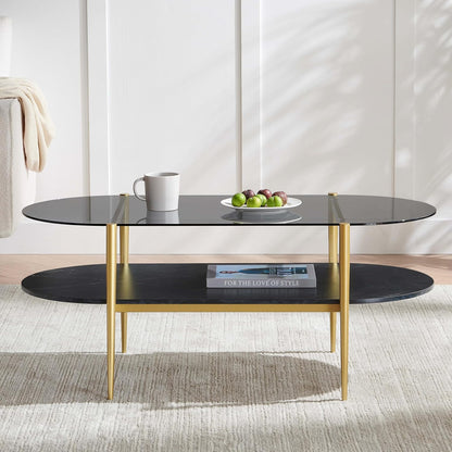 Oval Glass Coffee Table, Mid-Century Modern Design, L41 x W21 x H17 inch, for Living Room, Grey Glass Top, Black Marble Finish Wood Shelf & Gold Finish Frame