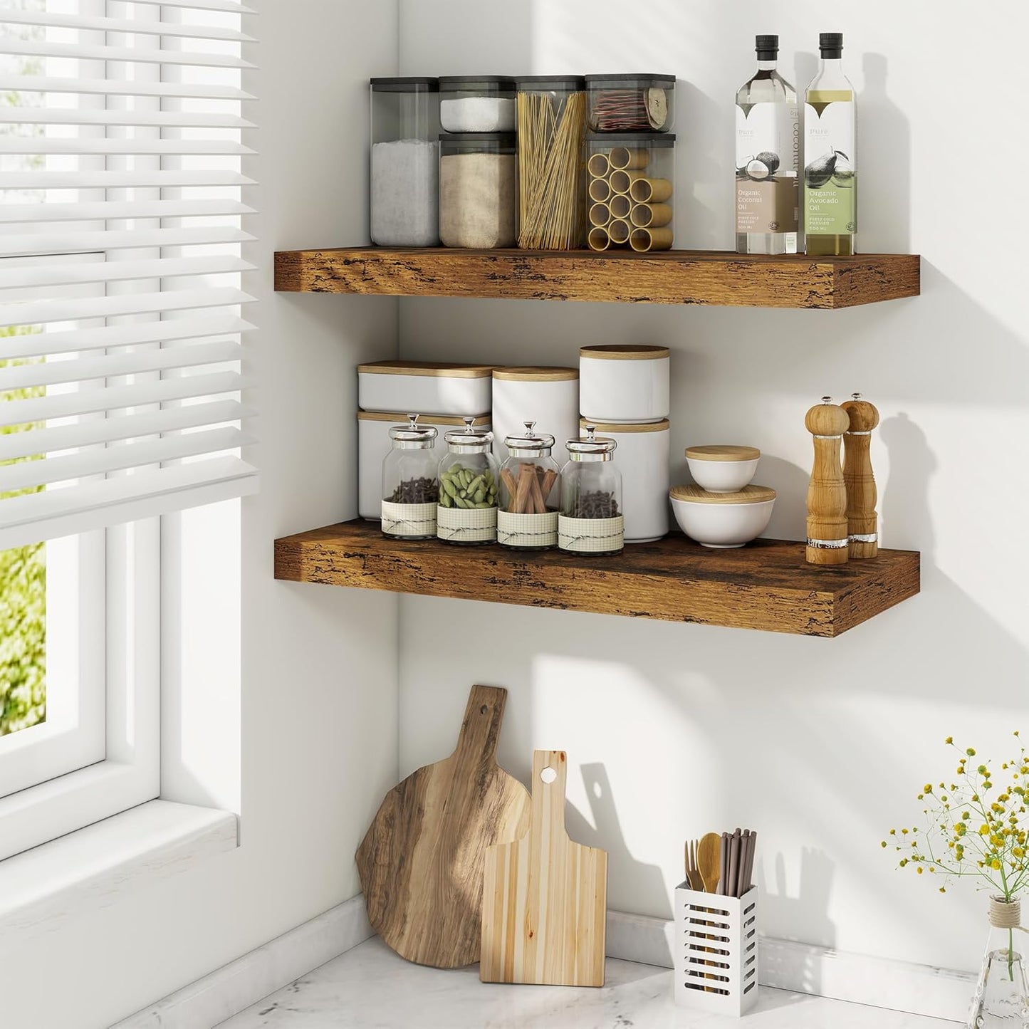 Fun Memories 24 Inch Floating Shelves for Wall, 9 Inch Deep Brown Rustic Wood Wall Mounted Shelves for Bathroom, Kitchen, Living Room, Set of 2