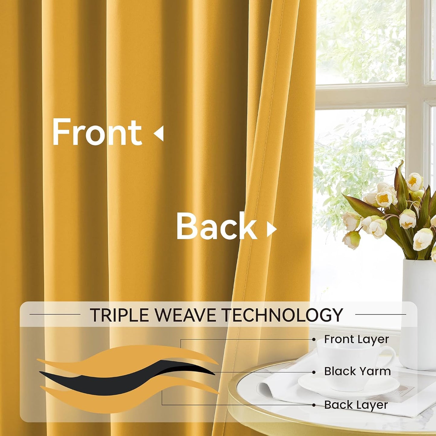 KangBang Gold Yellow Long Curtains 120 Inches Long, Pinch Pleat Blackout Curtains for Living Room Soundproof Sliding Door Vertical Window Panels for Traverse Rod with Hooks,2 PCs,40Wx120L