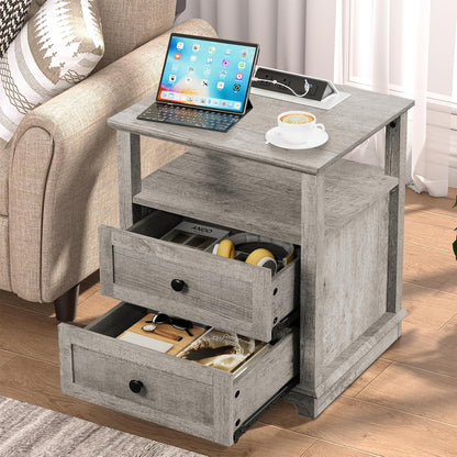 HIFYOBRO End Table with 2 Drawers and Charging Station, Type-C & USB Port & Power outlets, Wooden Storage Cabinet, Large Side Table with Storage for Living Room and Bedroom