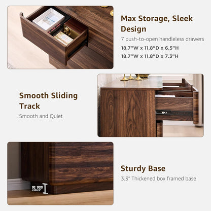 Modern 7 Drawer Dresser for Bedroom, 52" Wide Handleless Chest of Drawers, Push-to-Open Large Wood Storage, Dresser TV Stand for Bedroom, Living Room, Hallway, Curved Profile, Brown