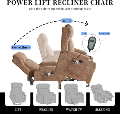 Lift Recliner Chair for Adults with Massage and Heating, Power Lift Recliner Chairs for Elderly, Corduroy Fabric Reclining Chair with USB &Type-C Port, Cup Holders, L6111 (Brown)