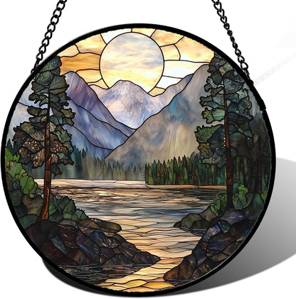 Stained Glass Window Hanging, Sunset Mountains Lake Tree Sun Catcher for Window Home Decor Landscape Suncatcher Mother's Day Birthday Gifts for Women Men Mom and Nana 6.3 in