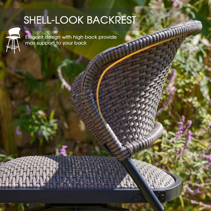 VICLLAX Patio Bar Stool Chairs with Footrests and Padded Seat, Bar Height Swivel Patio Chairs Set of 2, Brown Woven Wicker Swivel Bar Stools for Lawn Garden